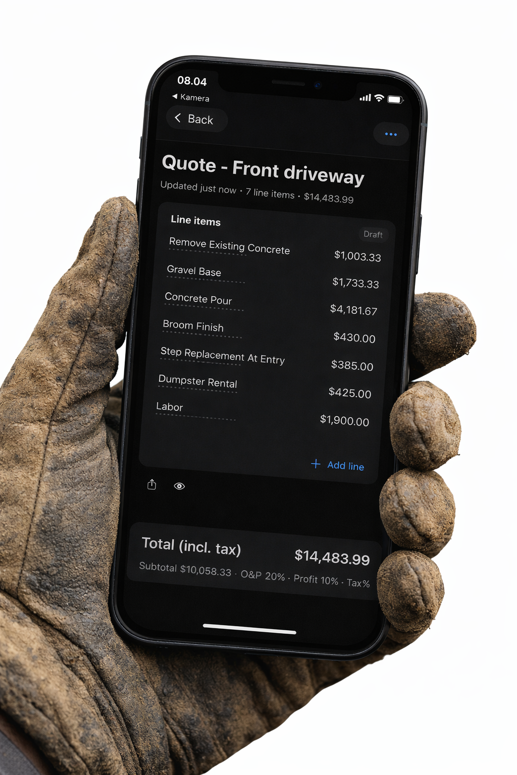 Trackmetry iPhone app with quote totals, materials, and labour calculated from on-site measurements