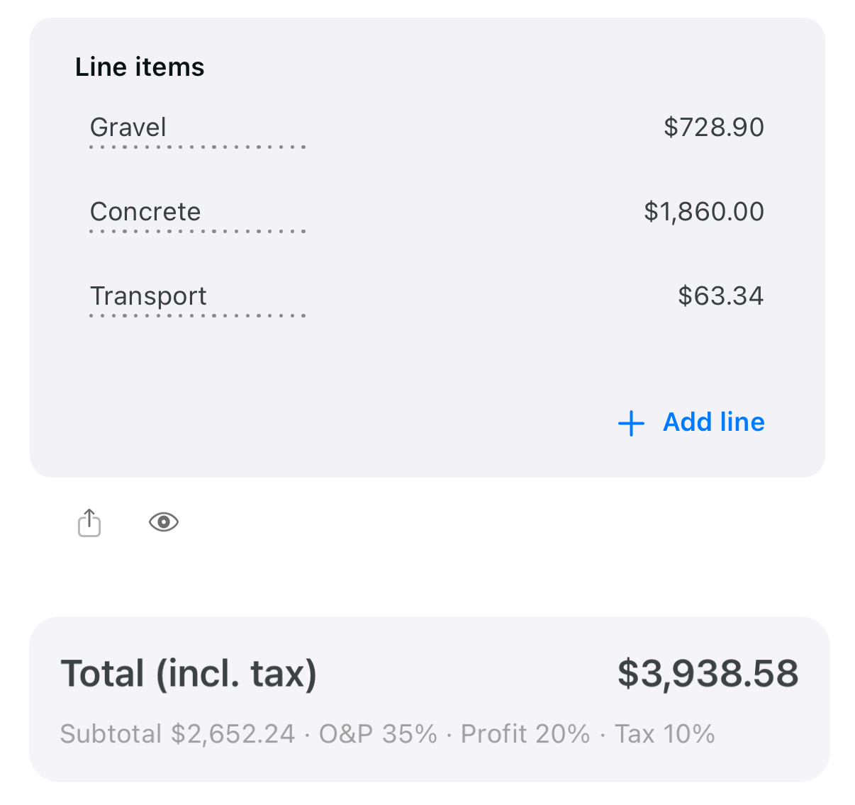 Quote summary showing subtotal, overhead and profit, tax, and total